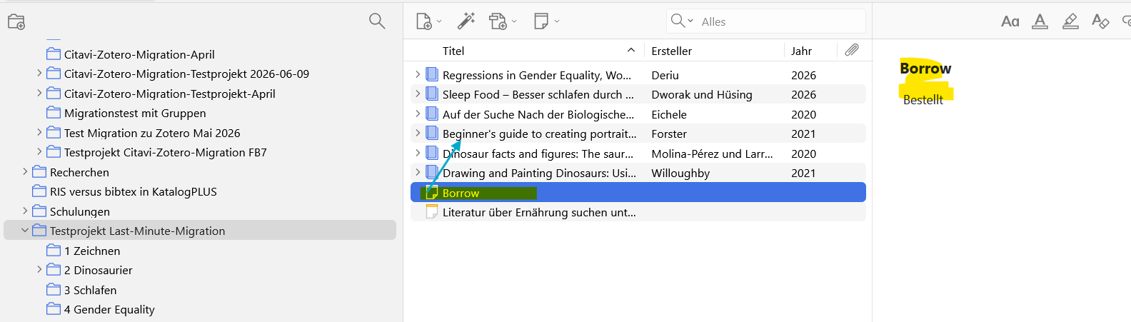 Screenshot Zotero: Unverknüfte Aufgabe "Borrow"
