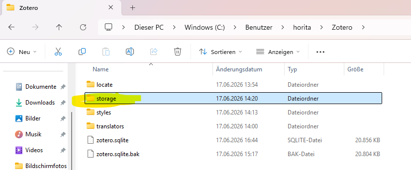 Screenshot Windows Explorer. Zotero Storage Folder