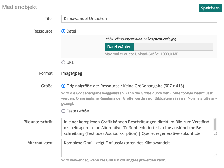 Screenshot zeigt Eingabefenster für Titel, Beschreibung und Alt-Text bei Medienobjekten in ILIAS