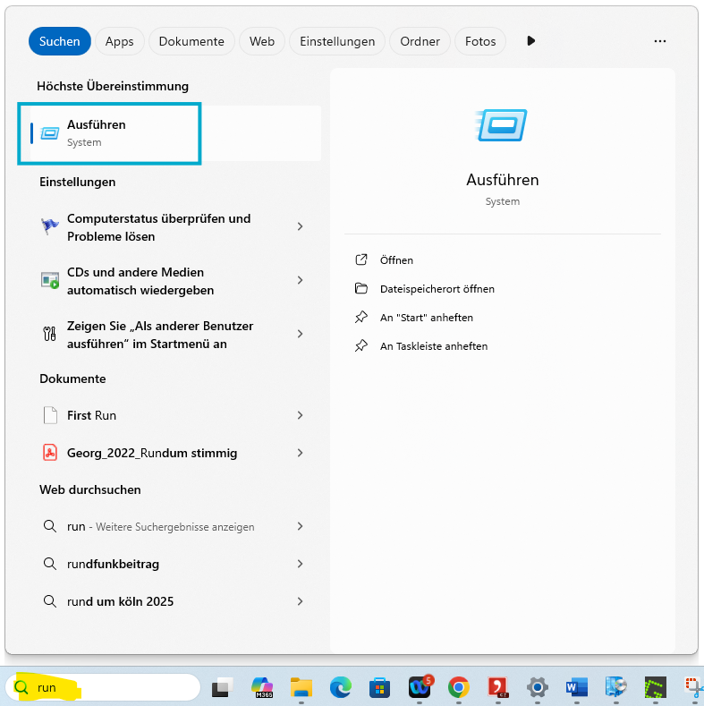 Illustrierender Screenshot Ausführdialog Windows