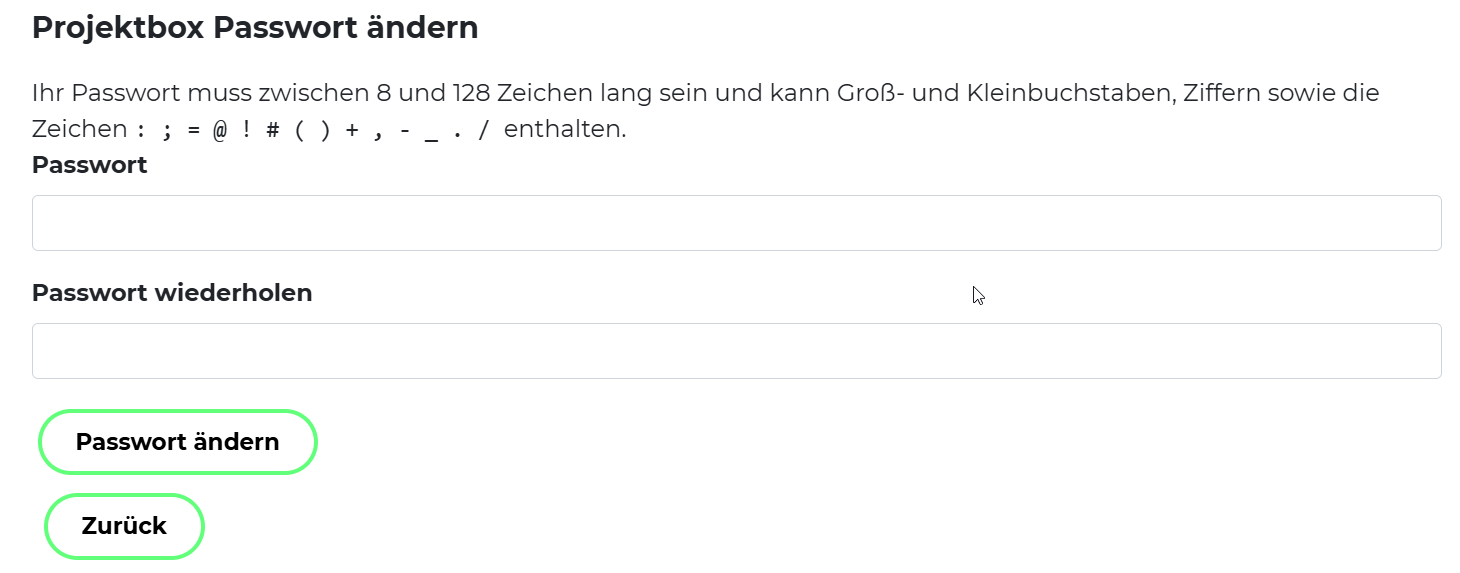 Illustrierender Screenshot: Projektbox-Passwort ändern auf Sciebo.de